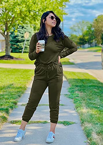 PRETTYGARDEN Women Fall 2 Piece Lounge Outfit Long Sleeve Tops High Waisted Jogger Pants Set Spring Travel Clothes Tracksuit - color: Army Green, size: XX-Large