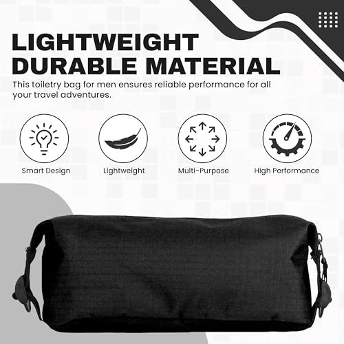 CHAMPION - Hanging Toiletry Bag - Travel Sized Polyester Bag Water-Resistant, Cosmetics Organizer Bag with Two Compliant Bottles - Lightweight Portable Zipped Bag for Unisex – True Black 10"x3.9"x3.9" - style: True Black