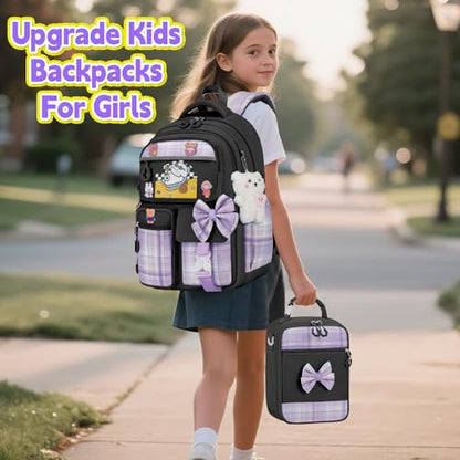 Girls Backpack with Lunch Box Set, 5pc Black Cute Kawaii Bookbag for Teens, Aesthetic School Backpack for Elementary - color: Black