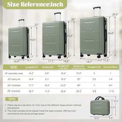 Merax Luggage Set 6 Piece,Lightweight Hardshell Suitcase with Double Spinner Wheels Handle Password Lock,14 IN Cosmetic Case 20/24/28 IN Luggages with Duffel Bag and Toiletry Bag,Light Green - color: Light Green, style: 14+20+24+28+bags