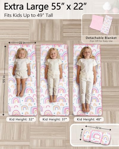 Primlect Toddler Nap Mat Extra Large Thickened 55''x35'', Soft Sleeping Bag with Detachable Minky Blanket and Pillow, Portable for Daycare, Preschool, Kindergarten, Travel, Boys and Girls - color: White Rainbow