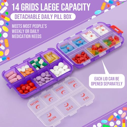 4 Pack Weekly Pill Organizer 2 Times a Day with Label, 14 Compartments Foldable Am Pm 7 Day Week Medicine Box Pocket Portable Daily Travel Pill Case Dispenser for Vitamin Fish Oil Supplement - color: Blue, Pink, Purple, Gray