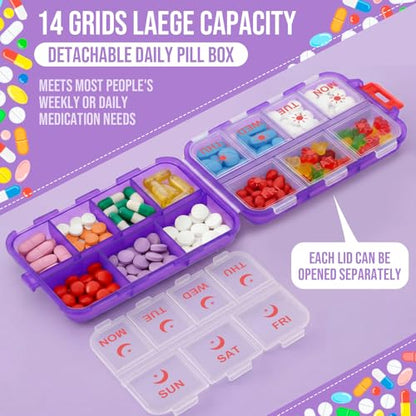 4 Pack Weekly Pill Organizer 2 Times a Day with Label, 14 Compartments Foldable Am Pm 7 Day Week Medicine Box Pocket Portable Daily Travel Pill Case Dispenser for Vitamin Fish Oil Supplement - color: Blue, Pink, Purple, Gray