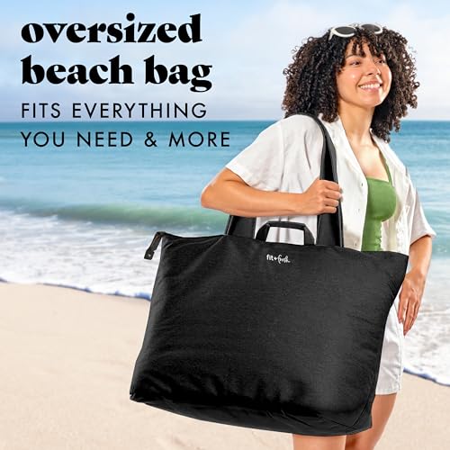 Fit & Fresh XL Beach Tote Bag for Women – XL Travel Tote with Zipper & Pockets, Oversized Canvas Pool Bag, Weekender Carry-On - color: Black