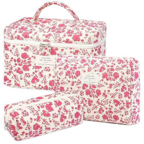 senbowe Floral Makeup Bag, 3 Pack Large Cotton Quilted Makeup Bag Set, Cute Floral Coquette Aesthetic Toiletry Bag Make Up Cosmetic Bag for Women, Toiletry Travel Make Up Organizer Bag - color: Rose Red Flower