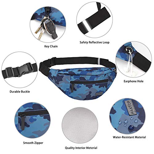 MAXTOP Large Crossbody Fanny Pack with 4-Zipper Pockets,Gifts for Enjoy Sports Festival Workout Traveling Running Casual Hands-Free Wallets Waist Pack Phone Bag Carrying All Phones - color: Camo Blue, style: Large Fanny Pack(4 Zipper Pockets)