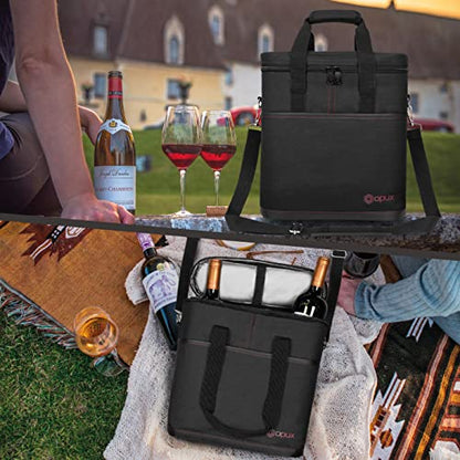 opux 3 Bottle Wine Carrier Tote, Insulated Leakproof Wine Cooler Bag, Wine Travel Bag Tote for Picnic BYOB Beach, Portable Wine Bottle Carrying Case, Gift for Wine Lover Women Men Christmas, Black - color: Black