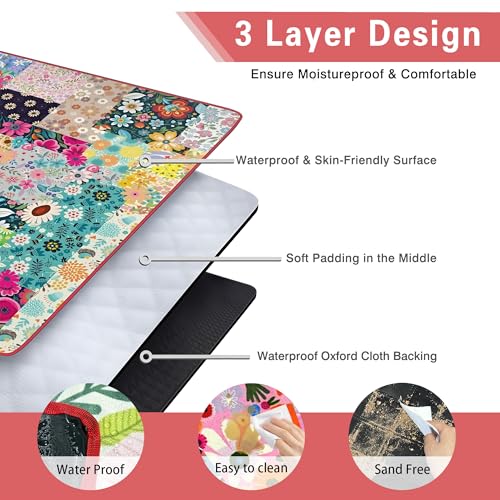 Supfitness Extra Large Picnic Blankets Waterproof Foldable (60 "x 80") Beach Blanket Waterproof Sandproof,3-Layer Thicking Mat Outdoor Packable Camping Blanket - color: Flower, size: 60x80in