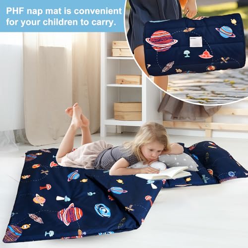 PHF Soft Toddler Nap Mat with Removable Pillow, Rollup Design Kids Sleeping Mat, Slumber Bags for Boys, 50"x20" Toddler Sleeping Bag for Daycare Preschool Travel Camping, Space - color: Space