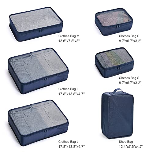 Mossio 6 Set Packing Cubes with Shoe Bag - Lightweight Travel Luggage Suitcase Organizers - color: Navy Blue