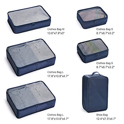 Mossio 6 Set Packing Cubes with Shoe Bag - Lightweight Travel Luggage Suitcase Organizers - color: Navy Blue
