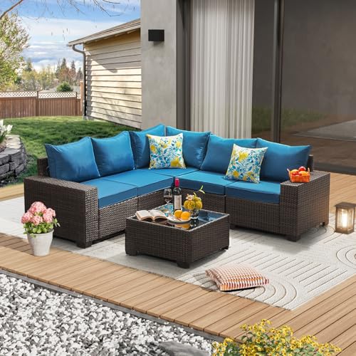 JOYURE 6 Pieces Patio Furniture Set All-Weather Outdoor Wicker Sectional Conversation Sofa Rattan Patio Seating Sofa with Cushion and Glass Table for Porch Poolside,Peacock Blue - color: Peacock Blue, size: 6 pieces set