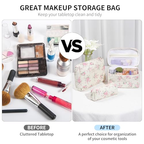 senbowe Floral Makeup Bag, 3 Pack Large Cotton Quilted Makeup Bag Set, Cute Floral Coquette Aesthetic Toiletry Bag Make Up Cosmetic Bag for Women, Toiletry Travel Make Up Organizer Bag - color: Pink-White Flower