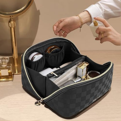 Prite Makeup Bag for Women Travel Waterproof Vegan Leather Cosmetic Bag Open Flat Toiletry Bag With Clear Divider and Handle (Plaid Black, Medium) - color: Plaid Black, size: Medium