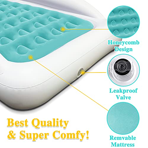 Inflatable Kids Travel Bed Toddler Air Mattress Set,Portable Blow Up Mattress Sleeping Bed Cot with Bed Rails and Electric Pump Ideal for Road Trip - color: Green