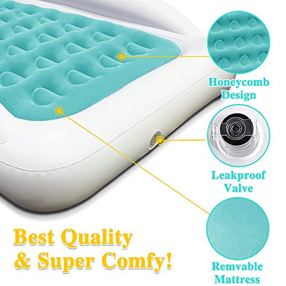 Inflatable Kids Travel Bed Toddler Air Mattress Set,Portable Blow Up Mattress Sleeping Bed Cot with Bed Rails and Electric Pump Ideal for Road Trip - color: Green
