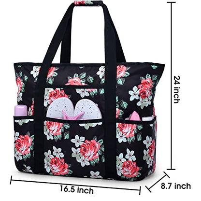 Becokan Beach Bags for Women Large Beach Tote Bag with Zipper Pockets Beach Bag Waterproof Sandproof Travel Nurse Tote Bag - color: Flowers
