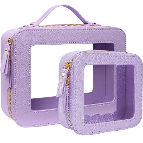 Travel Clear Makeup Bag Set, TSA Approved Cosmetic Bag Case with Zipper Portable Makeup Pouch Toiletry Bag Traveling Cosmetic Organizer Storage Bag Car Organizer Car Essentials - color: Mini + XL Luxe Purple