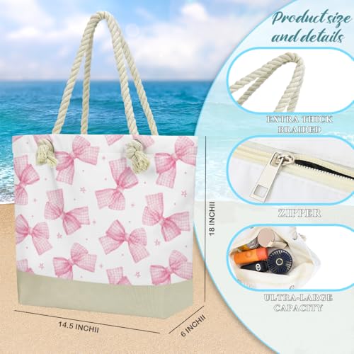 Fokongna Tote Bag For Women, Beach Bag Best Friend Travel Birthday Gifts, Travel Parties Vacation Shopping Essentials - color: Gingham Pink Bows