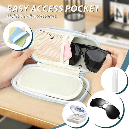 Double Glasses Case for Women Men, Dual Eyeglass Travel Organizer with Wristband - color: Blue