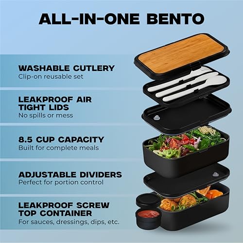 KARRICO 68oz Bento Box Adult - Stackable Lunch Containers For Adults, Leak-Proof Mens Tupperware & Lunch Box Containers - Black Double Food Container, Meal Prep Office Lunchbox With Dividers