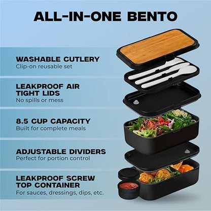 KARRICO 68oz Bento Box Adult - Stackable Lunch Containers For Adults, Leak-Proof Mens Tupperware & Lunch Box Containers - Black Double Food Container, Meal Prep Office Lunchbox With Dividers