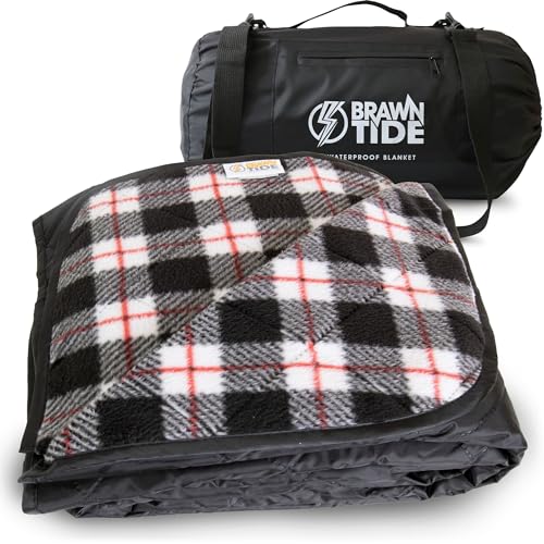 BRAWNTIDE Large Waterproof Outdoor Blanket, Extra Thick Fleece, Warm, Windproof & Sandproof, Quilted Stadium Blanket for Sports Events, Beach, Camping, Picnics, Dogs & Car, 82" x 55 - color: Plaid Black