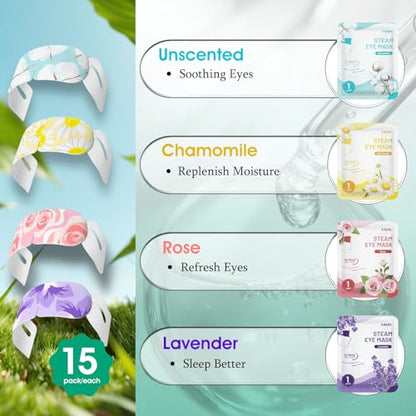 AROIC 60 Pack Steam Eye Masks Disposable, Heated Eye Mask Warm Compress for Eyes, Relaxation Mothers Day Gifts Self Care for Women, Spa Travel Essentials - Lavender, Unscented, Chamomile, Rose - size: 1 Count (Pack of 60)