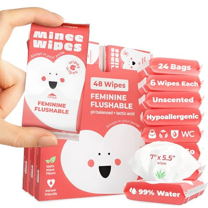 Feminine Wipes for Women – Flushable pH Balanced Wipes, 99% Water & Aloe – Unscented, Gentle Intimate & Period Care with Odor Protection – Daily Hygiene & Travel Essentials – 24 Pack, 144 Wipes - size: 6 Count (Pack of 24)