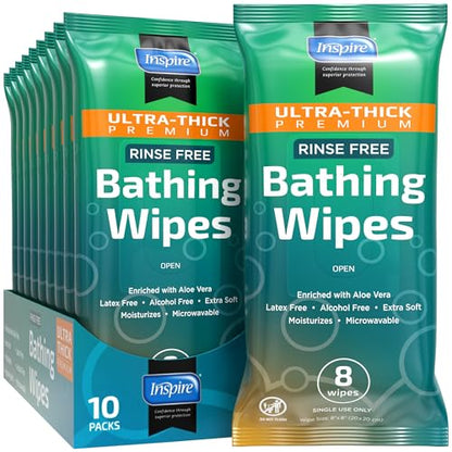 Inspire Ultra Thick Rinse-Free Bath Towels | Shower Towels - Flush-Free Wet Wipes with Aloe | Thick Strong Extra Large Towel for Adults | Body Wipes for Adults Bathing - style: Ultra Thick 10 Packs Of 8