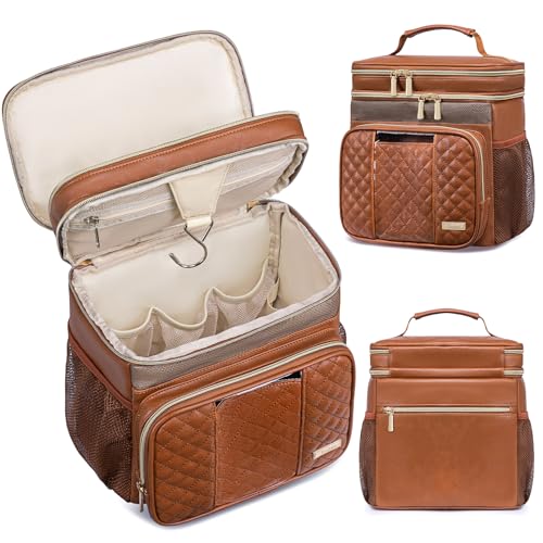 Large Leather Toiletry Bag for Women Men,Bathroom Bag,Water Resistant Shower Bag,Makeup Bag,Portable Shower Caddy for College Dorm,Hanging Travel Toiletry Bag with Transparent Waterproof Phone Pocket - color: Brown Leather