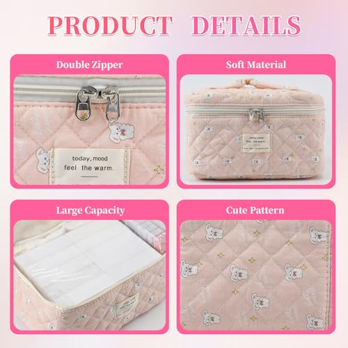 3PCS Coquette Makeup Bag,Quilted Cosmetic Bag Large Make Up Bag Set,Quilted Portable Toiletry Organizer Bag,Cotton Travel Skincare Bag for Women Girls(07-White bunny) - style: 07-white Bunny