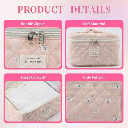 3PCS Coquette Makeup Bag,Quilted Cosmetic Bag Large Make Up Bag Set,Quilted Portable Toiletry Organizer Bag,Cotton Travel Skincare Bag for Women Girls(07-White bunny) - style: 07-white Bunny