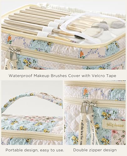HBselect 2Pcs Travel Makeup Bag, Large Cotton Quilted Makeup Bag Cosmetic Bag Cute Make up Bag Toiletry Bags for Women Girls - color: 2PCS-BLYLFLOWER