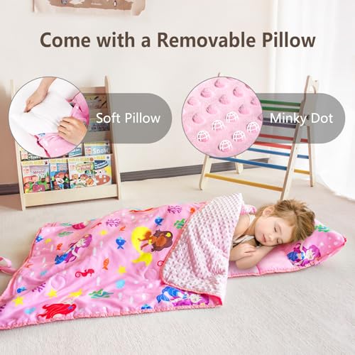 Primlect Toddler Nap Mat with Removable Pillow and Fleece Blanket, Extra Large 55''x35'' Sleeping Bag, Washable, Light, Easy to Roll up, Perfect for Daycare, Preschool, Kindergarten, Travel - color: Mermaid