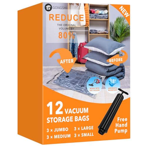 GONGSHI Vacuum Storage Bags, Space Saver Seal Bags For Clothing, Travel Luggage,Blankets, Comforters, Pillows, Clothes Storage.12 Combo