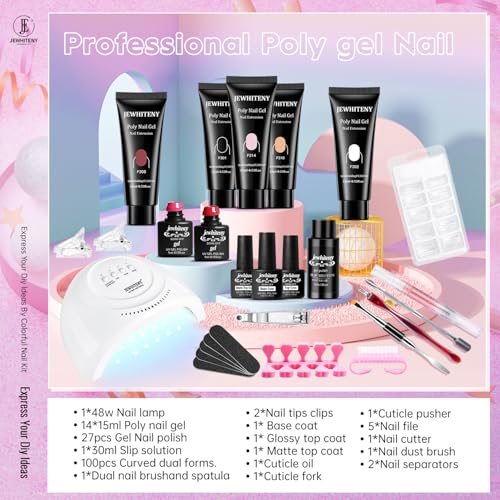JEWHITENY 14 Colors Poly Gel Nail Kit 27 Colors Gel Nail Polish Kit With U V Light All In One Nail Art Starter Kit Suitable For All Seasons - color: A05