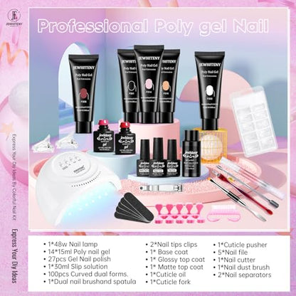 JEWHITENY 14 Colors Poly Gel Nail Kit 27 Colors Gel Nail Polish Kit With U V Light All In One Nail Art Starter Kit Suitable For All Seasons - color: A05