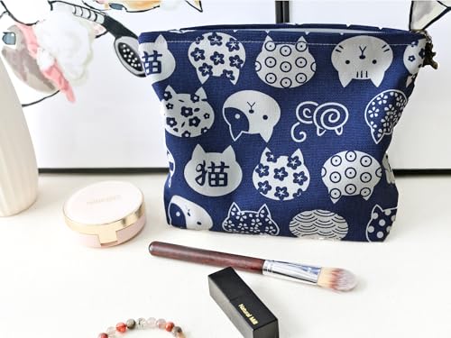 HAPPYHEIDI Canvas Makeup Bag, Cosmetic Travel Pouch, Kawaii Blue Cats, Cotton Blend, Animal Print, Zipper Closure, 7.1x2.4x7 Inches - color: GR-Canvas-Blue Cats