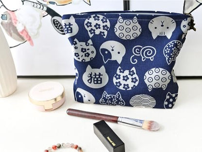 HAPPYHEIDI Canvas Makeup Bag, Cosmetic Travel Pouch, Kawaii Blue Cats, Cotton Blend, Animal Print, Zipper Closure, 7.1x2.4x7 Inches - color: GR-Canvas-Blue Cats