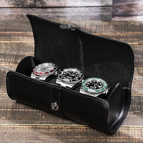 Personalized Custom Name Watch Case Roll Organizer, Luxury Genuine Leather Travel 3-Watches Case For Watch/Bracelet (07 Black) - color: 07 Black