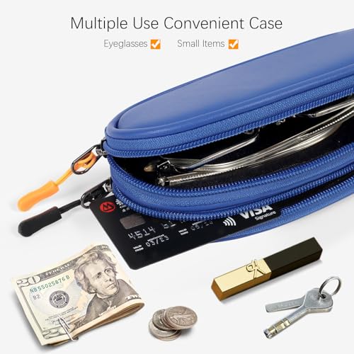 Double Eyeglasses Case Soft Portable Zipper Sunglasses Pouch with Keychain Clip for Men Women - color: Blue Pu