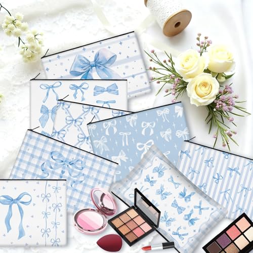 30 Pcs Blue Bow Makeup Bags Coquette Cosmetic Zipper Pouches with Elegant Blue Bow Makeup Bag Bulk Canvas Cosmetic Travel Toiletry Pouch for Women Bridesmaids Wedding Favors - style: Blue Bow