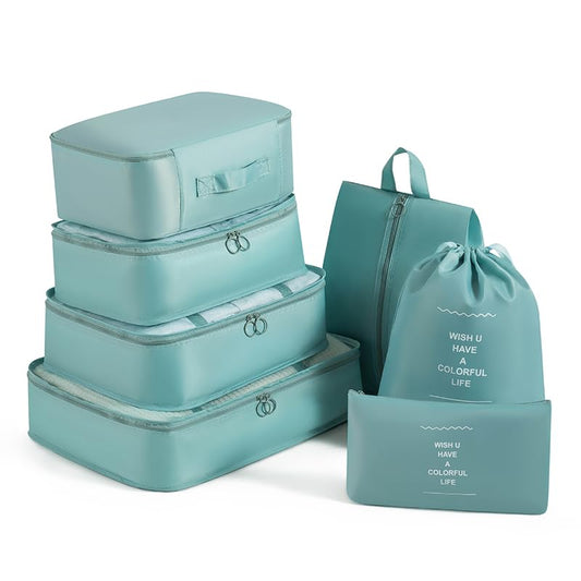 Travel Packing Cubes 7-Piece Set, Luggage Organizer Bags for Clothes, Storage for Travel Accessories, Foldable for Cruise Carry-On Home, 3 Colors Grey/Korea Blue/Beige (Korea Blue)