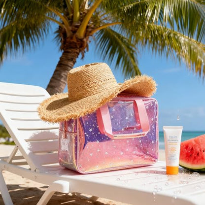 TPU Holographic Pink Star Large Cosmetic Bag 12x5x8 inch Travel Pouch with Handle,Durable Material,Zipper Design-Ideal for Makeup,Travel Essentials (9593-8) - color: Pink 9593-8