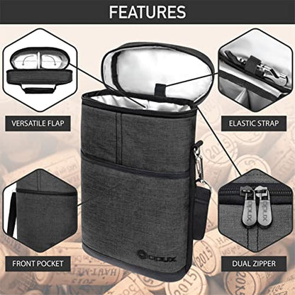 opux 2 Bottle Wine Carrier Tote, Insulated Leakproof Wine Cooler Bag, Wine Travel Bag for Picnic BYOB Beach, Portable Wine Bottle Carrying Case, Gift for Wine Lover Women Men Christmas, Charcoal Grey - color: Charcoal