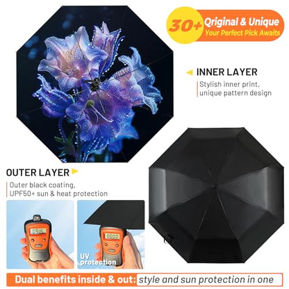 SY COMPACT Travel Umbrella - Windproof Automatic Compact Umbrella for Rain, Lightest 8-Rib, Small, Strong & Portable, Durable Grip, Fits Backpack & Car, Factory Direct (UV Available) - color: UPF-Bellflower