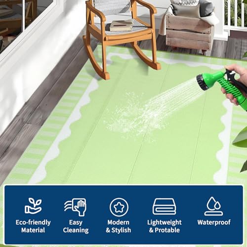 Garvee 8x10 Outdoor Rug, Scalloped Border Waterproof Camping Rugs for Outside Your RV, Modern Plastic Straw Rug, Foldable Reversible UV Resistant Mats for Picnic Backyard Deck Porch, Light Green - color: Bordered|light Green, size: 8' x 10' (Rectangular)