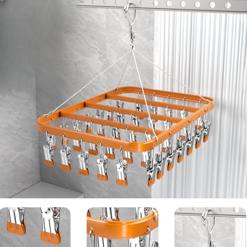 Clothes Drying Racks Clip Hangers Metal with 36 Clips Windproof Hook Underwear Hanger Foldable Laundry Clip for Socks Bras (Gold) - color: Gold