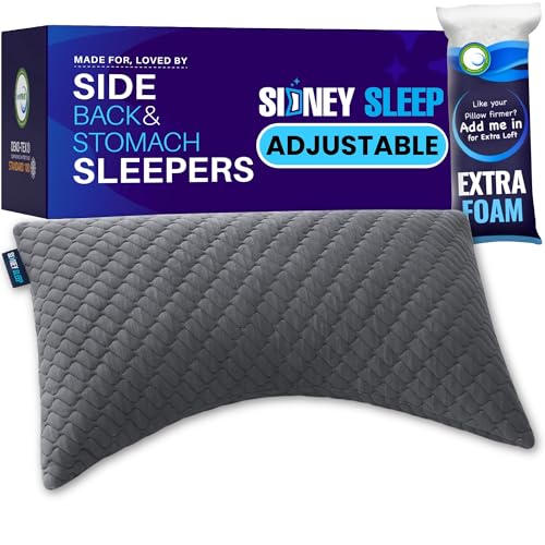 Sidney Sleep Adjustable Curved Pillows for Neck and Shoulder Support with Extra Shredded Fill - Cervical Contour Pillow for Side and Back Sleepers. Standard Size 19" x 26" CertiPUR-US Certified (Grey) - color: Grey, size: Standard (Pack of 1)